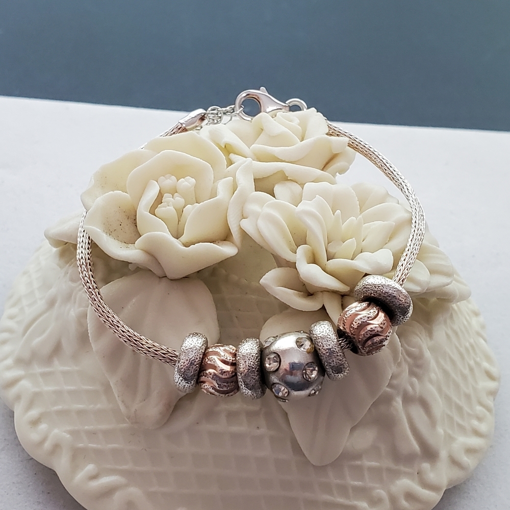 Dyadema 925 Italy Bracelet with Rose & Silver Beads (Adjustable!) - Picture 7 of 16